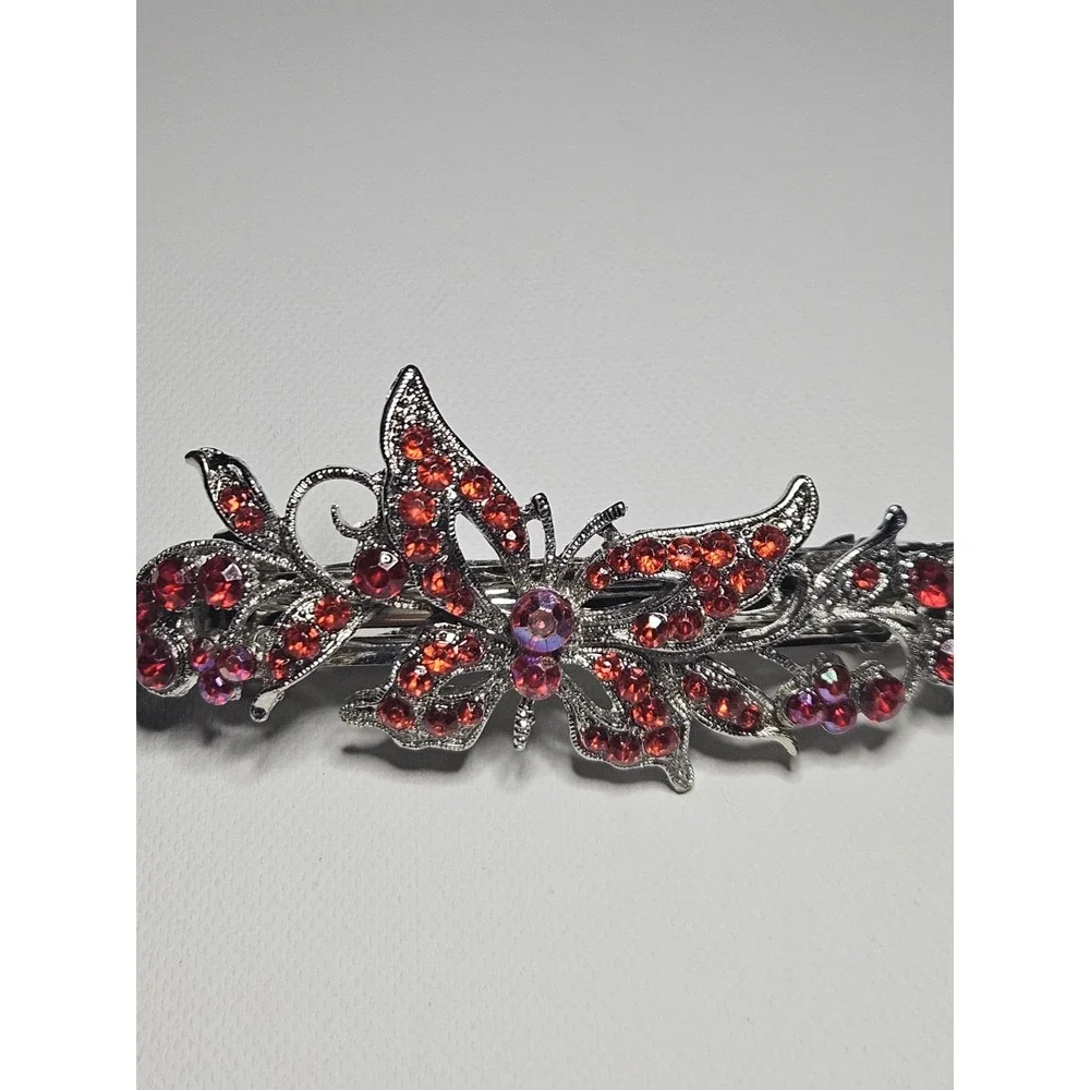 Red Rhinestone Butterfly Hair Barrette Crystal Sparkly Silver Flower Clip Women